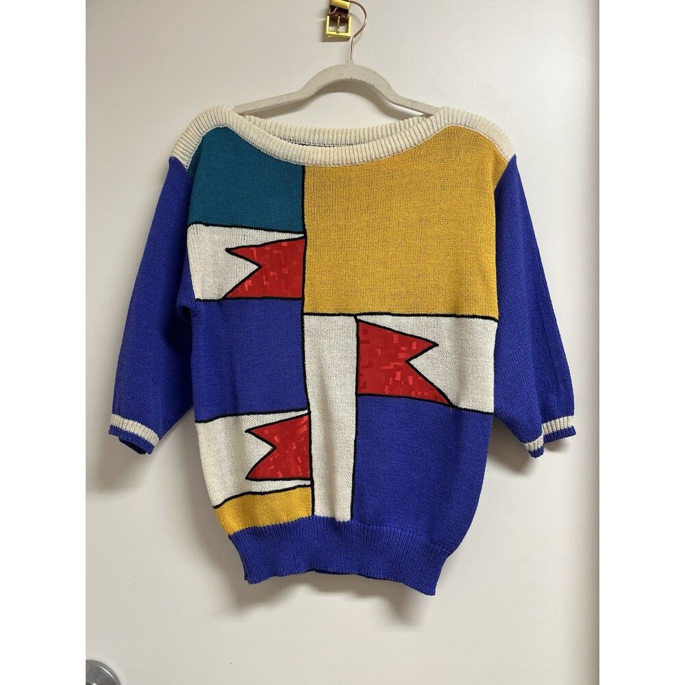 Vintage 80s Jaymee Papell Colorblock Quarter Sleeve Knit Sweater Top S Korea